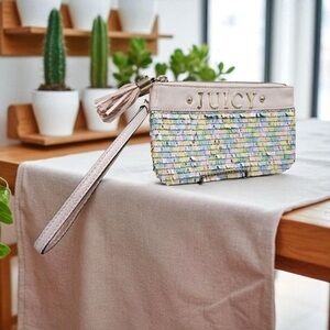 Juicy Couture Pink Sequin Confetti Double Zip Bag Wristlet Clutch with Tassels